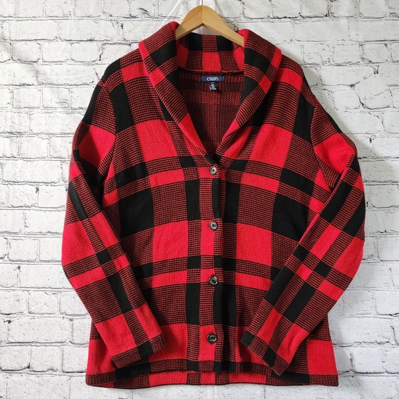 Chaps Other - Chaps Mens Red Black Buffalo Plaid Shawl Collar Button Front Knit Cardigan L